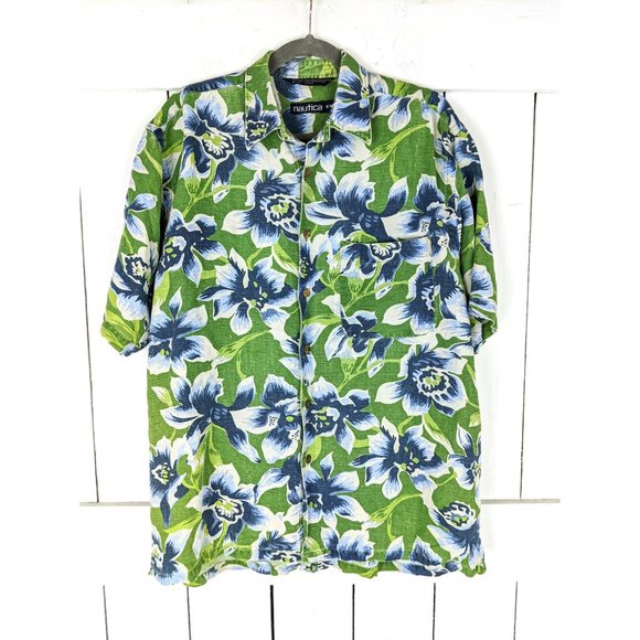 Vintage Nautica green blue tropical floral button down luau short sleeve shirt - Picture 2 of 4